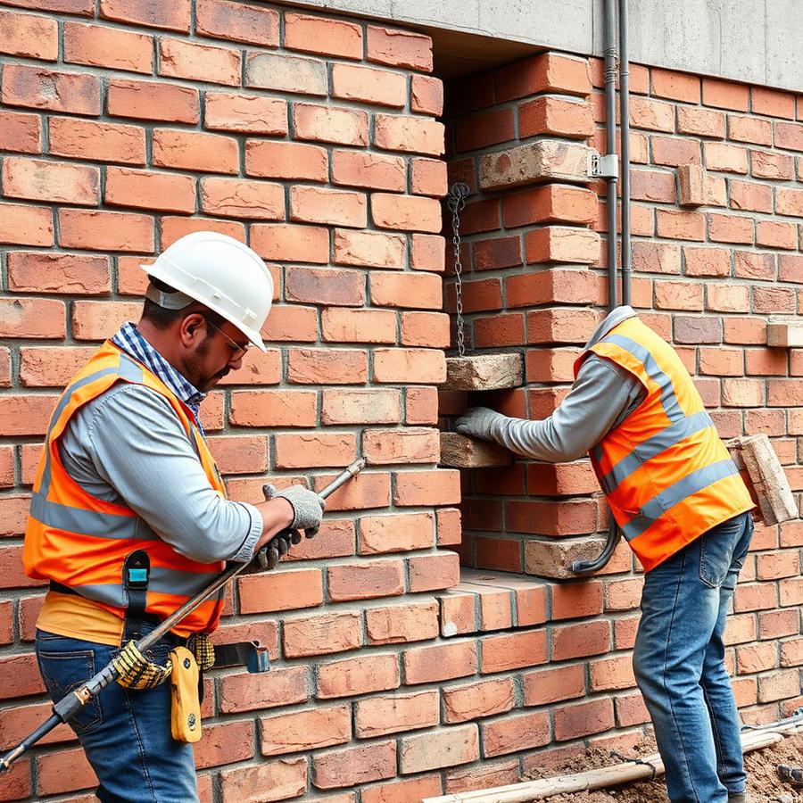 Trabalhadores executando obra de alvenaria