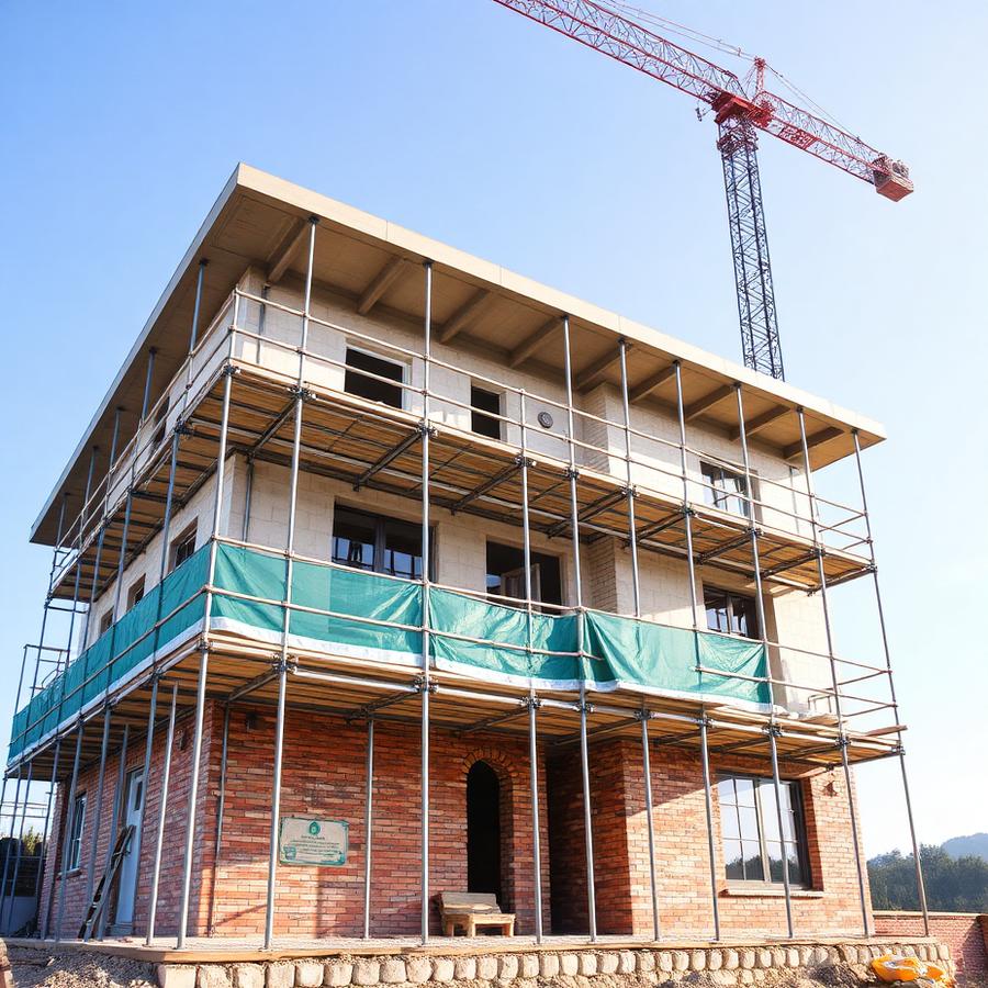 Edificação em construção com andaimes e estrutura de alvenaria
