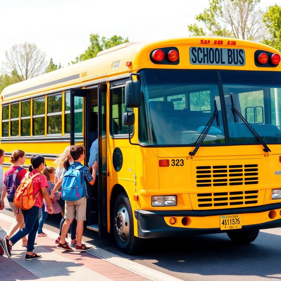 Ônibus de transporte escolar com alunos embarcando