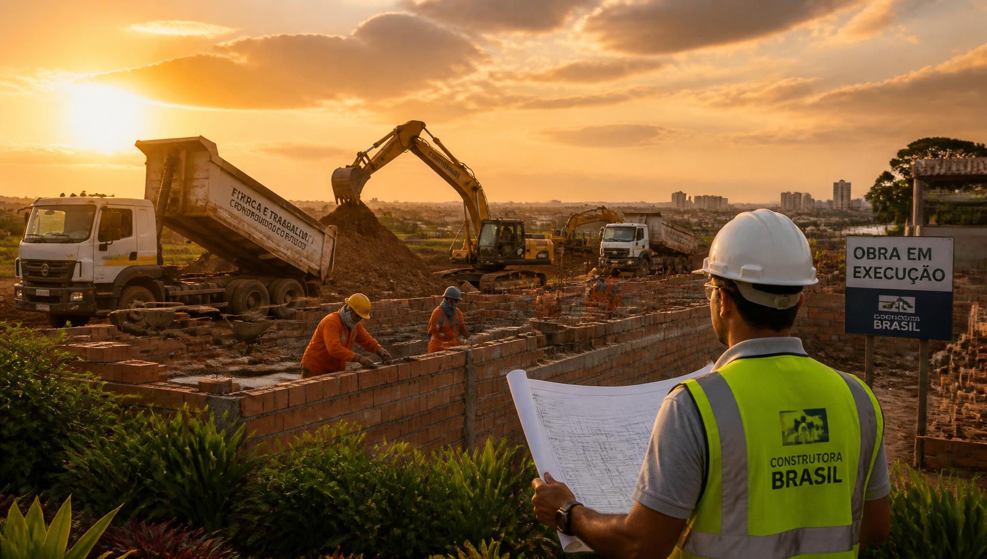 Obra de construção civil com alvenaria, caminhões, máquinas e paisagismo ao pôr do sol
